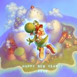  2boys arm_up aura baby baby_mario brown_hair building cloud creature diaper dinosaur english flower happy_new_year hat island jumping looking_back looking_up male mario mountain new_year nintendo ocean om_(carbohydratism) raised_arm riding shoes super_mario_bros. super_mario_world_2:_yoshi&#039;s_island text tower volcano yoshi young 