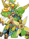  2boys antonio_lopez armor carrying chinese_clothes detached_sleeves dragon_kid green_eyes green_hair hat helmet horns huang_baoling ivan_karelin mirage_(noqy) multiple_boys origami_cyclone ponytail power_armor rock_bison short_hair shorts shuriken superhero tegaki thigh-highs thighhighs tiger_&amp;_bunny weapon 