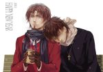  2boys bench blue_eyes brown_hair bubble can closed_eyes coat cross cross_necklace drink facial_hair fate/zero fate_(series) formal gloves goatee hot_drink jewelry kotomine_kirei male multiple_boys necklace new_year realistic scarf sleeping snot suit tohsaka_tokiomi toosaka_tokiomi yunvshen 