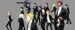  6+boys adjusting_tie assassin_(fate/zero) beard berserker_(fate/zero) black_gloves black_hair blonde_hair blue_hair caster_(fate/zero) closed_eyes earrings emiya_kiritsugu facial_hair fate/zero fate_(series) female_assassin_(fate/zero) formal gilgamesh gloves hand_on_head highres irisviel_von_einzbern jewelry kayneth_archibald_el-melloi kotomine_kirei lancer_(fate/zero) long_hair looking_up mask matou_kariya multiple_boys multiple_girls necktie petting ponytail red_hair redhead rider_(fate/zero) saber shenguxi suit tohsaka_tokiomi toosaka_tokiomi uryuu_ryuunosuke waver_velvet white_hair 