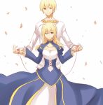  1girl blonde_hair bracelet dinikee dress fate/stay_night fate/zero fate_(series) gilgamesh green_eyes hair_down hand_holding holding_hands jewelry long_hair necklace petals red_eyes red_string saber short_hair string white_background 