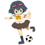  ball blue_eyes blue_hair glasses glasses_on_head inazuma_eleven inazuma_eleven_(series) kicking mousou_youjo otonashi_haruna red-framed_glasses school_uniform soccer_ball solo 