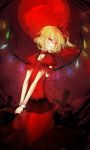  aymmogh bad_id blonde_hair chain chains cross cuffs dress flandre_scarlet frown full_moon hair_ribbon handcuffs moon pointy_ears red red_eyes red_moon ribbon side_ponytail solo the_embodiment_of_scarlet_devil touhou wings 