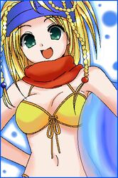  asahana_jun bikini blonde_hair border braid breasts final_fantasy final_fantasy_x final_fantasy_x-2 green_eyes innertube lowres open_mouth rikku solo swimsuit 