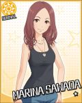  bracelet brown_eyes brown_hair character_name idolmaster idolmaster_cinderella_girls jeans jewelry jpeg_artifacts long_hair necklace official_art sawada_marina smile solo star sun_(symbol) tank_top 