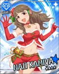  bare_shoulders belt bow brown_hair character_name christmas collar diamond elbow_gloves gloves hair_ornament headset idolmaster idolmaster_cinderella_girls jpeg_artifacts kamiya_nao long_hair midriff navel official_art open_mouth red_eyes red_gloves smile solo star 