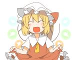  1girl ascot bad_id blonde_hair bust closed_eyes dress eiri_(eirri) fang flandre_scarlet hat open_mouth short_hair side_ponytail skirt solo touhou wings 