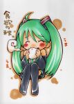  :3 ^_^ ahoge aoto bare_shoulders blush_stickers chibi closed_eyes detached_sleeves eating eyes_closed food green_hair happy hatsune_miku highres knees_together_feet_together long_hair marker_(medium) necktie nikuman sitting solo thigh-highs thighhighs traditional_media twintails vocaloid 