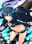  bikini_top black_gloves black_hair black_rock_shooter black_rock_shooter_(character) blue_eyes boots burakyan chain chains checkered checkered_floor face front-tie_top gloves glowing glowing_eye gun highres hooded_jacket jacket knee_boots leaning_forward long_hair navel scar short_shorts shorts solo twintails weapon 