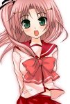  :d arms_behind_back asahana_jun bad_id blush bow breasts green_eyes hair_ornament hairclip long_hair looking_at_viewer lowres maaryan open_mouth pink_hair ribbon school_uniform simple_background smile solo to_heart_2 white_background 