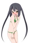  bikini black_hair blush brown_eyes covering embarrassed errant hand_on_own_chest k-on! long_hair nakano_azusa navel open_mouth simple_background solo swimsuit twintails very_long_hair 