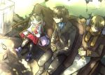  2boys bench bird blonde_hair blue_eyes brown_eyes brown_hair capelet casual child dove fate/stay_night fate/zero fate_(series) gilgamesh hair_ribbon kotomine_kirei long_hair mittens miyakami multiple_boys red_eyes ribbon scarf smile tohsaka_rin toosaka_rin twintails young 