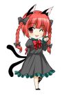  animal_ears arm_behind_back asahana_jun bad_id bow braid cat_ears cat_tail chibi dress jpeg_artifacts kaenbyou_rin multiple_tails open_mouth paw_pose red_eyes red_hair redhead simple_background solo tail touhou twin_braids wink 