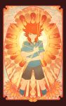  amemiya_taiyou arakumo_gakuen armband green_eyes inazuma_eleven inazuma_eleven_(series) inazuma_eleven_go kinakorondo kneehighs male orange_hair pun soccer_uniform solo sun sunburst 