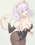  1girl :d and arched_back bare_shoulders bell bell_collar black_legwear breasts bunnysuit cleavage collar collarbone elbow_gloves gloves grey_eyes kantai_collection kashima_(kantai_collection) large_breasts leotard looking_at_viewer open_mouth pantyhose smile solo tail teeth white_hair 