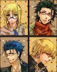  3boys ag_ss41 ahoge bespectacled black_hair blonde_hair blue_hair casual earrings fate/zero fate_(series) gilgamesh glasses jewelry lancer lancer_(fate/zero) multiple_boys ponytail saber scarf 