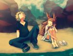  bare_legs barefoot beach blonde_hair blue_eyes brown_eyes brown_hair denji_(pokemon) dress hair_ornament mikan_(pokemon) pokemon pokemon_(game) pokemon_diamond_and_pearl pokemon_dppt pokemon_gsc pokemon_hgss short_hair sitting smile twintails white_dress wind 