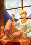  absurdres barefoot bracelet cup cupping_glass fate/stay_night fate/zero fate_(series) full_moon gilgamesh highres jewelry linjie looking_at_viewer male moon necklace night red_eyes smile window wine wine_glass 