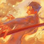  blue_hair fate/stay_night fate_(series) gae_bolg lancer long_hair male polearm ponytail red_eyes sanbonzakura solo spear weapon 