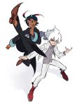  bad_id black_hair blue_hair boots fighting_stance hair_ornament hakuryuu_(inazuma_eleven) high_kick inazuma_eleven inazuma_eleven_(series) inazuma_eleven_go jacket kicking long_hair multiple_boys pants pose red_eyes shirt short_hair shuu_(inazuma_eleven) smile white_hair wink yowoshinobukarinosugata 