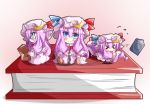  &gt;_&lt; bespectacled blue_eyes book bow crescent dress ehimedaisuki glasses hair_bow hat long_hair minigirl multiple_girls multiple_persona patchouli_knowledge purple_hair sitting smile touhou 