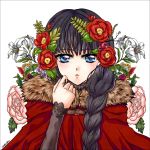  :o black_hair blue_eyes blush braid bust carnation cloak dated flower fur_trim hair_flower hair_ornament highres lily_(flower) long_hair looking_at_viewer open_mouth original parted_lips pink_rose raphina red_rose rose signature simple_background single_braid solo turtleneck watermark white_background 