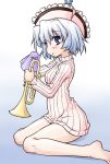  akou_roushi alternate_costume bare_legs barefoot blue_eyes blue_hair blush body_blush bottomless cleaning hat instrument merlin_prismriver naked_sweater no_pants ribbed_sweater short_hair sitting solo sweater touhou trumpet wariza 