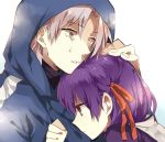  1girl child dress fate/zero fate_(series) hair_ribbon hand_on_head heterochromia hoodie matou_kariya matou_sakura purple_eyes purple_hair ribbon scarf tears uncle_and_niece violet_eyes white_hair wonoco0916 young 