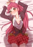  1girl aikatsu! arms_up bed blush bow bra clearite hair_bow long_hair looking_at_viewer lying on_back open_clothes open_shirt otoshiro_seira ponytail redhead shadow skirt solo_focus sweatdrop underwear 