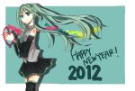  2012 detached_sleeves floating_hair green_eyes green_hair hands_together hatsune_miku heikou long_hair necktie new_year skirt solo thigh-highs thighhighs twintails very_long_hair vocaloid 