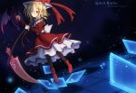  apple black_legwear blonde_hair blue_background bow dress elly food fruit gensou_aporo hat pantyhose red_dress red_eyes scythe see_through shoes short_hair solo touhou touhou_(pc-98) yellow_eyes 