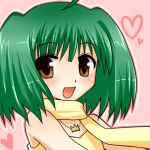  :d asahana_jun bad_id bare_shoulders blush brown_eyes bust green_hair heart jewelry looking_at_viewer lowres macross macross_frontier necklace open_mouth ranka_lee short_hair smile solo 