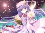  book bow breasts crescent dress francis_(ohne) hair_bow hat long_hair patchouli_knowledge purple_eyes purple_hair solo touhou violet_eyes 