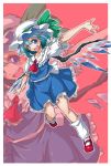  alternate_color ascot blue_eyes blue_hair cirno cosplay flandre_scarlet flandre_scarlet_(cosplay) highres ice ice_wings izuna_nie mary_janes shoes short_hair simple_background smile solo the_embodiment_of_scarlet_devil touhou wings zoom_layer 