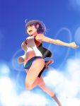  ahoge bakemonogatari bandage bandages bare_shoulders black_legwear blue_sky breasts denim denim_shorts footwear jersey kanbaru_suruga koflif monogatari_(series) mound_of_venus navel open_mouth orange_eyes purple_hair shoes short_hair short_shorts shorts sky sneakers socks solo 