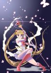  1girl bishoujo_senshi_sailor_moon blue_eyes boots butterfly double_bun elbow_gloves gloves hair_ornament hairclip knee_boots long_hair pose red_boots sailor_moon serious sleeveless spiral_heart_moon_rod super_sailor_moon tsukino_usagi twintails very_long_hair white_gloves yousukou_(chinsukou) 