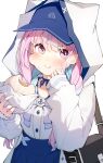  1girl absurdres bag bangs baseball_cap blue_bow blue_bowtie blue_choker blue_hair blue_headwear blue_ribbon blue_sky blush bow bowtie cheek_bulge choker closed_mouth commentary_request darjeeling_(reley) eating eyebrows_visible_through_hair food hat highres holding holding_food hololive hood hood_up hooded_jacket jacket long_hair long_sleeves looking_away minato_aqua multicolored_hair neko_(minato_aqua) open_clothes open_jacket pink_eyes pink_hair ribbon ribbon_choker shirt shoulder_bag simple_background sky sleeves_past_wrists smile solo two-tone_hair virtual_youtuber white_background white_jacket white_shirt 