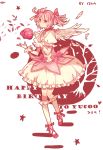  bow bubble_skirt choker dress feathers flower frills gloves hair_ribbon happy_birthday itsia kaname_madoka kneehighs magical_girl mahou_shoujo_madoka_magica mary_janes pink pink_eyes pink_hair pink_rose puffy_sleeves red_background ribbon rose sad shoes short_hair short_twintails simple_background solo tears twintails white_background white_gloves white_legwear wings 