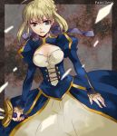  ahoge blonde_hair breasts cleavage_cutout dress excalibur fate/stay_night fate/zero fate_(series) green_eyes hair_ribbon puffy_sleeves ribbon saber solo sword title_drop weapon yukishie 