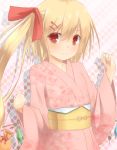 :3 alternate_costume bag blonde_hair flandre_scarlet hair_ornament hair_ribbon hairclip japanese_clothes kimono long_hair looking_at_viewer no_hat no_headwear obi pouch red_eyes ribbon sakurea short_hair side_ponytail smile solo the_embodiment_of_scarlet_devil touhou wings 