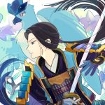  1boy akechi_mitsuhide akechi_mitsuhide_(pokemon_+_nobunaga_no_yabou) armor articuno black_hair blue_eyes flower gloves kurokote male nobunaga&#039;s_ambition nobunaga_no_yabou pokemon pokemon_(creature) pokemon_(game) pokemon_+_nobunaga&#039;s_ambition pokemon_+_nobunaga_no_yabou sengoku_musou sode sword ucchii weapon 