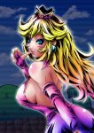  blonde_hair blue_eyes blush breasts crown dress elbow_gloves gloves highres large_breasts lips long_hair looking_back open-back_dress pant-3 princess_peach scanlines sideboob solo super_mario_bros. 
