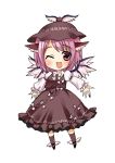  ;d animal_ears asahana_jun blush chibi earrings hat jewelry mystia_lorelei open_mouth outstretched_arms pink_eyes pink_hair purple_hair short_hair simple_background smile solo spread_arms touhou wings wink 