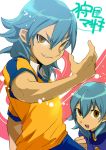  1boy aqua_hair character_name dual_persona gakuran grin inazuma_eleven_(series) inazuma_eleven_go kariya_masaki male open_mouth raimon school_uniform smile soccer_uniform solo yan&#039;yo_(yan&#039;yan&#039;yo) yellow_eyes 