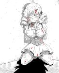  arms_behind_back blood bondage breasts corner drill_hair hair_ornament heavy_breathing hobbang injury kneeling magical_girl mahou_shoujo_madoka_magica monochrome no_hat no_headwear ribbon solo spot_color thigh-highs thighhighs tied_up tomoe_mami torn_clothes twin_drills wink 