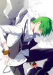  blazblue fingerless_gloves gloves green_hair hat hazama male smile solo yoshihiro_(72975) 