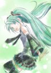  :d detached_sleeves green_eyes green_hair hatsune_miku long_hair maya_kaoruko necktie open_mouth skirt smile solo thigh-highs thighhighs twintails very_long_hair vocaloid 