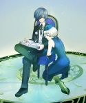  1girl arisato_minato blue_eyes blue_hair book duplicate elevator_attendant elizabeth elizabeth_(persona) hair_over_one_eye hat headphones pantyhose persona persona_3 short_hair smile 