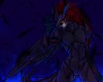 blue blue_background bodysuit delta01-centralstreet feathers gloves glowing glowing_eye long_hair male mask noise_(suite_precure) precure red_eyes red_hair redhead solo spoilers suite_precure wings 