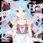  bare_shoulders black-world blue_hair bracelet bust collarbone flower hair_flower hair_ornament hatsune_miku jewelry long_hair looking_at_viewer lowres open_mouth pink_eyes pointing solo twintails vocaloid 
